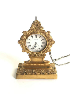 古董瑞士浪琴鋼制小三針懷錶帶銅鎏金底座   尺寸:  錶經5