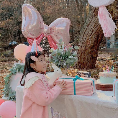 少女粉蝴蝶結鋁膜氣球寶寶周歲生日裝飾場景布置baby滿月百天裝飾半米潮殼直購
