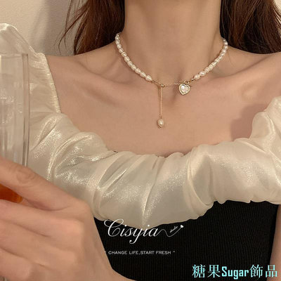 糖果Sugar飾品韓國時尚珍珠項鍊白色愛心鎖骨鏈女士ot扣頸飾