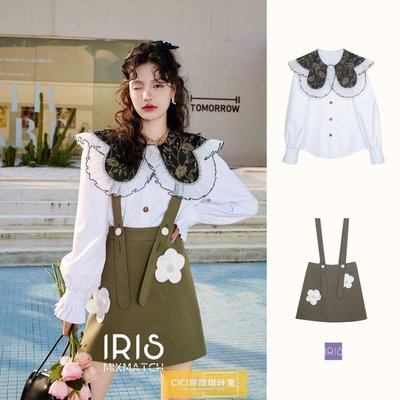 新品 IRIS BOUTIQUE 泰國製造 小眾設計 春新款 白茶花襯衫女 騎士精神揹帶褲套裝女促銷