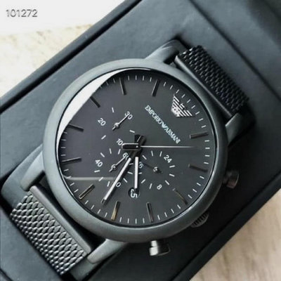 EMPORIO ARMANI 黑色錶盤 黑色不鏽鋼編織錶帶 石英 三眼計時 男士手錶 AR1968