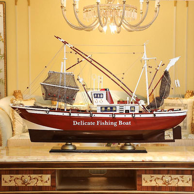 船模型擺件仿真一帆風順木質漁船模型實木擺件地中海工藝船木船歐式美式裝飾