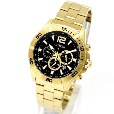 現貨 可自取 CITIZEN AN8122-51E 星辰錶 手錶 43mm 三眼計時 黑面盤 金色鋼錶帶 金錶 男錶女錶
