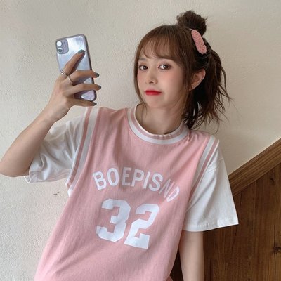 T恤女 夏季新款韓版假兩件籃球背心下衣消失T恤女 短袖印花上衣 8276-衣美良品