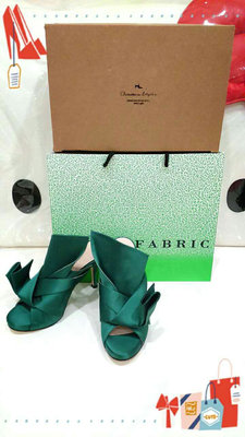 東區Fabric正韓 韓國品牌Chaussure lapin超美蝴蝶結立體打摺造型緞面綠色訂製高跟鞋 高跟拖鞋