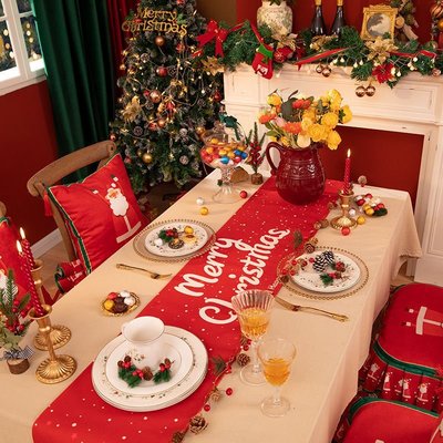 特賣-桌布 椅子套 沙發墊 紅色圣誕桌旗棉麻防水桌布卡通可愛布藝餐布圣誕節裝飾蓋布茶幾布