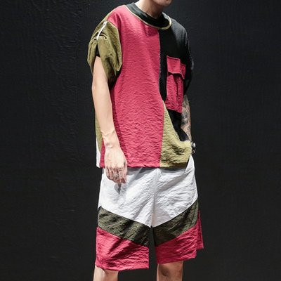 FINDSENSE H1 2018 夏季 新款 男 日本 透氣網布 撞色 舒適透氣大碼 短袖 短褲 兩件套 潮男套裝