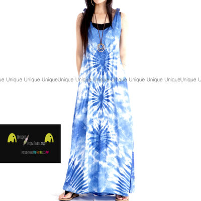 Unic＠泰國進口植物染🌳吊帶裙『TD434透氣棉麻手工綁染❄️超涼感❄️藍染吊帶洋裝』藍染 波希米亞風 洋裝
