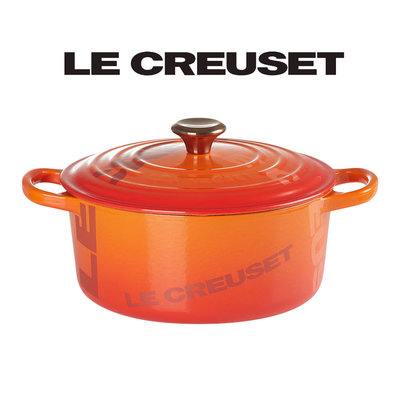 Le Creuset 火焰橘 經典Big LOGO 典藏版鑄鐵鍋 圓鍋22cm(銅頭-內鍋黑)