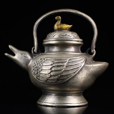 特賣-純銅鎏銀鴨子酒壺一把重507克  高13厘米 寬15厘米  80 0104605804