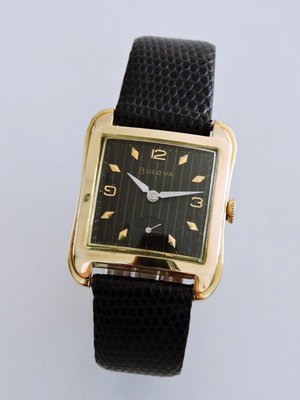 正14K金 Bulova 寶路華  585 方形黑面條紋手上鍊機械古董錶 男錶 女錶 中性錶