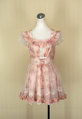 貞新二手衣 candy rain 裸色薔薇蘿莉風圓領短袖蕾絲烏干紗棉質洋裝M號(40014)