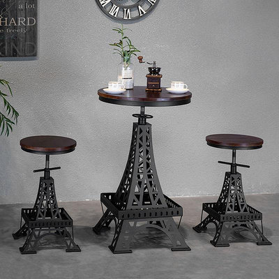 廠家出貨鐵藝實木吧臺椅調節椅子巴黎鐵塔凳工業風創意椅現代咖啡廳酒吧椅