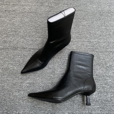 中筒靴 外貿西班牙原單中跟馬丁靴黑色秋冬新法式細跟中筒瘦-水水時尚
