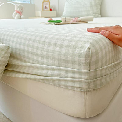 現貨：奶油風水洗棉床笠單件防滑三件式床組全包圍床罩席夢思床墊保護套