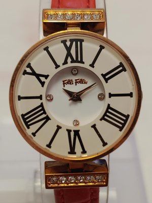 Folli Follie 晶鑽飾玫瑰金時尚皮帶石英腕錶 女錶 保證真品