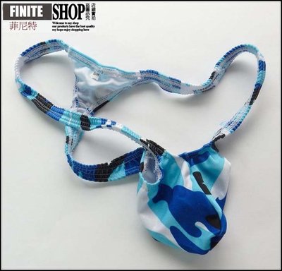 Finite-菲尼特-男士性感底褲型男內褲 藍色迷彩印花泳布料 低腰露臀激凸囊袋