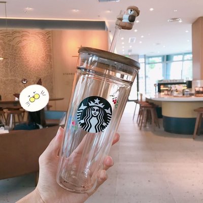 【熱賣精選】韓國星巴克秋季小熊掛飾吸管玻璃杯大容量雙層耐熱保溫木蓋隨身杯