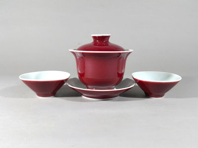 [銀九藝] 早期陶瓷 寶石紅 蓋杯 茶杯 托盤組