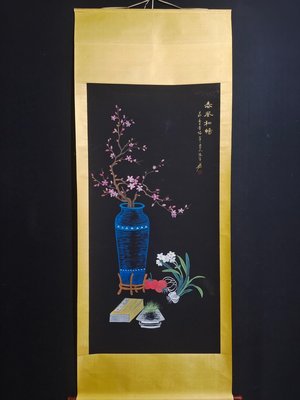 編號AB465 大四尺中堂手繪 花卉 作品一物一圖，實物拍攝 作者:張大材質:鎏金藍 字畫 古玩 收藏