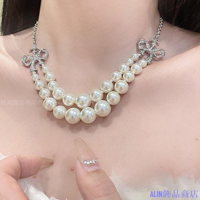 ALIN飾品商店Westwood Vivienne 蝴蝶結珍珠項鍊輕奢雙層雙珍珠土星鎖骨鏈
