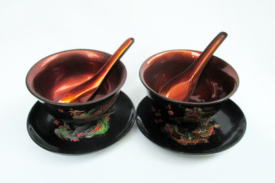 絕版中國漆器中國民藝手繪龍鳳碗碟湯勺甜點餐具組一對一次售【心生活美學】