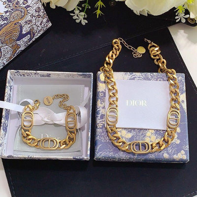 全館免運 Dior CD字母鏈條項鏈女網紅ins短款鎖骨鏈頸鏈沙金色復古手鏈 可開發票