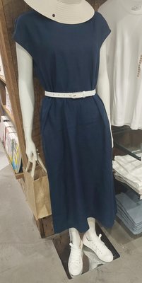 日本無印良品 有機棉亞麻法式袖洋裝藍色S號