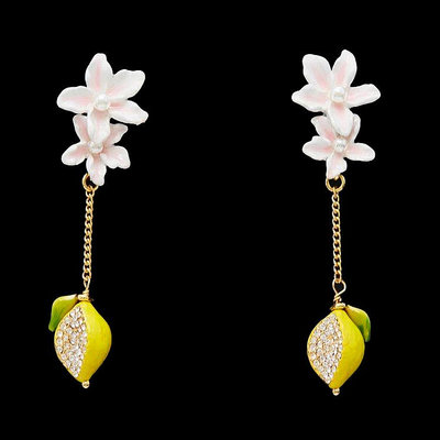 【Koaa海購】Les Nereides 琺瑯彩釉白色花朵檸檬長款耳環甜美時尚清新水果耳釘女