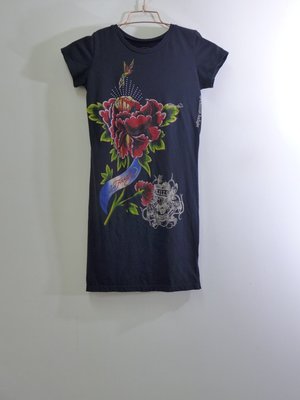 Ed Hardy 復古玫瑰花貼鑽短袖洋裝T恤