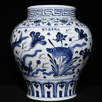 明宣德青花魚藻紋罐，高37.5cm直徑32.5cm，編號8 瓷器 古瓷 古瓷器