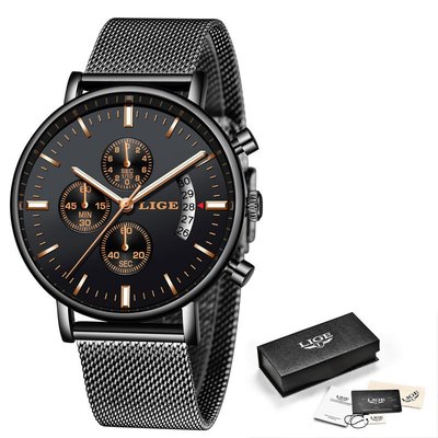 現貨手錶腕錶LIGE跨境專供米蘭網帶男士石英手錶多功能錶盤弧形日歷窗防水手錶