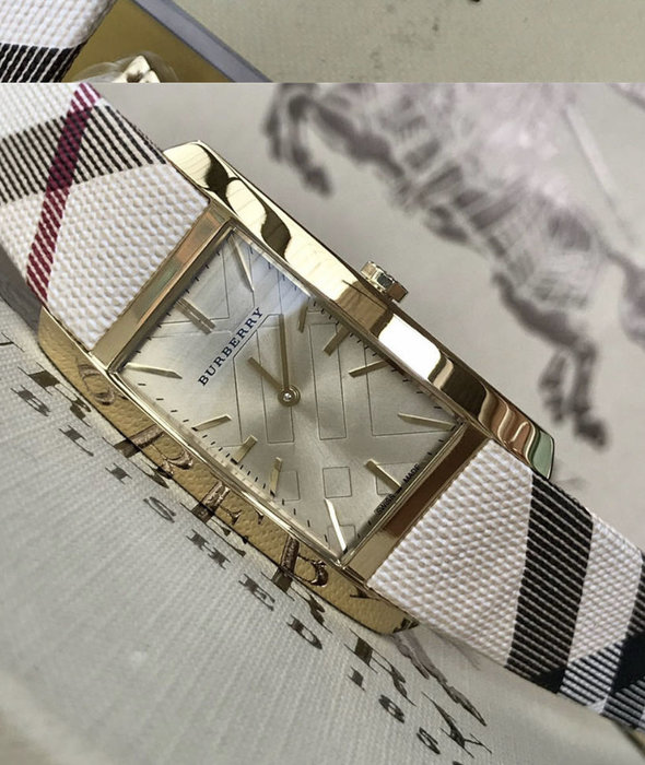 BURBERRY Pioneer 金色長方形錶盤格紋皮革錶帶石英女士手錶BU9407 | Yahoo奇摩拍賣