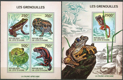郵票3105：科特迪瓦2014年爬行動物 青蛙 新票小全張+小型張 外國郵票外國郵票