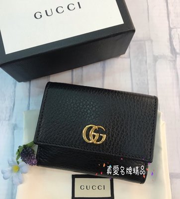 《真愛名牌精品》GUCCI  524672 黑色牛皮 金GG 迷你3折短夾 *全新特價品*代購*