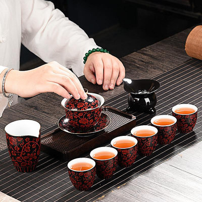 茶具 滿花琺瑯彩羊脂玉功夫茶具套裝辦公家用商務可陶瓷茶具