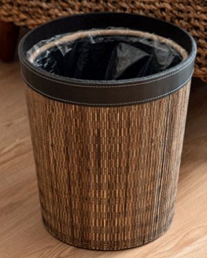 日本進口 好品質天然棕櫚天然葉子公皮革製作垃圾桶有壓圈的客廳房間垃圾桶雜物收納桶送禮 5664c