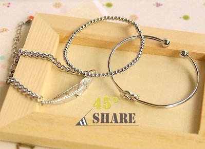 【45° Share】韓版多層次組合金色單鑽銀色羽毛吊飾手鍊手環飾品-B90101001S2