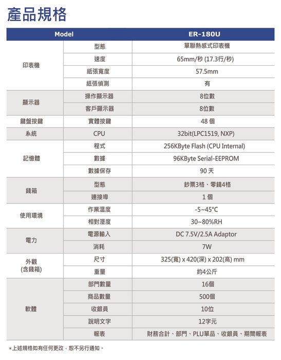 新機上市【免運】ER-180U 收據收銀機 收銀機 保固一年