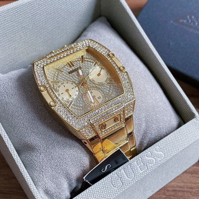 GUESS Raven 酒桶型密鑲水晶錶盤 金色不鏽鋼錶帶 石英 女士手錶 GW0104L2