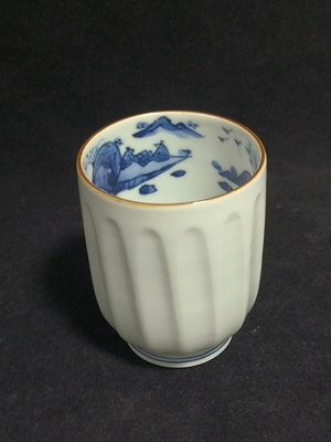 日本 京燒 平安紫峰 內繪青花 白瓷 刀削紋 湯吞杯 茶杯