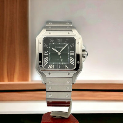 樂時計 市面少有 極新二手2023年 CARTIER 卡地亞 Santos  山度士 WSSA0062 綠色面盤 大型 不鏽鋼 快拆式錶帶 另附原廠綠色皮帶