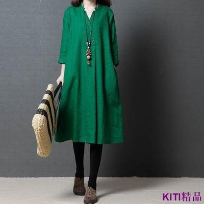 KITI精品40-80公斤可穿 大尺碼洋裝 寬鬆長袖 藝文 棉麻 素色裙子 長洋裝 連身裙 正韓洋裝 女生衣著 衣著 韓版