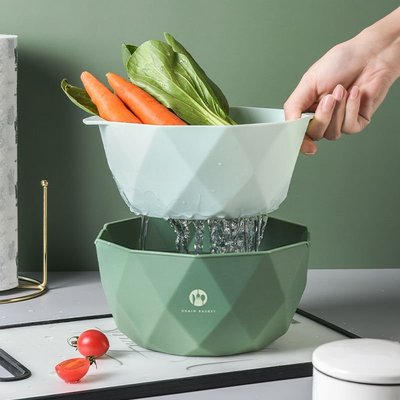 促銷打折 雙層幾何洗菜盆塑料瀝水籃客廳家用洗水果盤廚房淘米籃收納筐創意