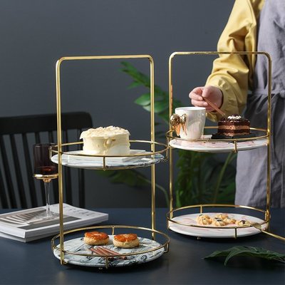 北歐風創意鍍金鐵藝陶瓷雙層蛋糕架果盆置物架 下午茶水果甜品盤-雙喜生活館