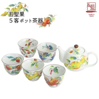 日本製美濃燒 和藍 1壺5杯 茶具組 五聖果