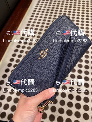 EL~COACH C4451 深藍色 素面皮革 手腕拉鍊長夾 現貨 附購買收據 特價3980