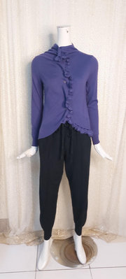 Z463瑪德琳服飾葡萄紫荷葉邊美麗諾羊毛50%針織上衣F