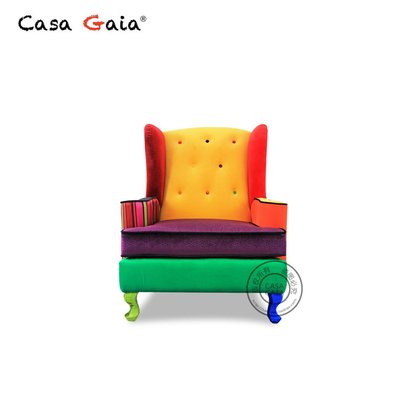 GAIA蓋雅設計師款歐式布藝老虎椅實木腿美式撞色復古單人沙發