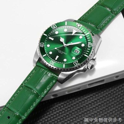 現貨熱銷-新品上市綠色真皮錶帶代用勞力士精工綠水鬼施華洛世奇四葉草男女士手錶帶